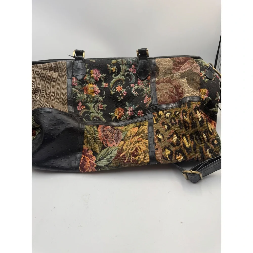 Bueno Mixed Media Satchel Bag Floral Tapestry Croc Embossed Black Large Tote